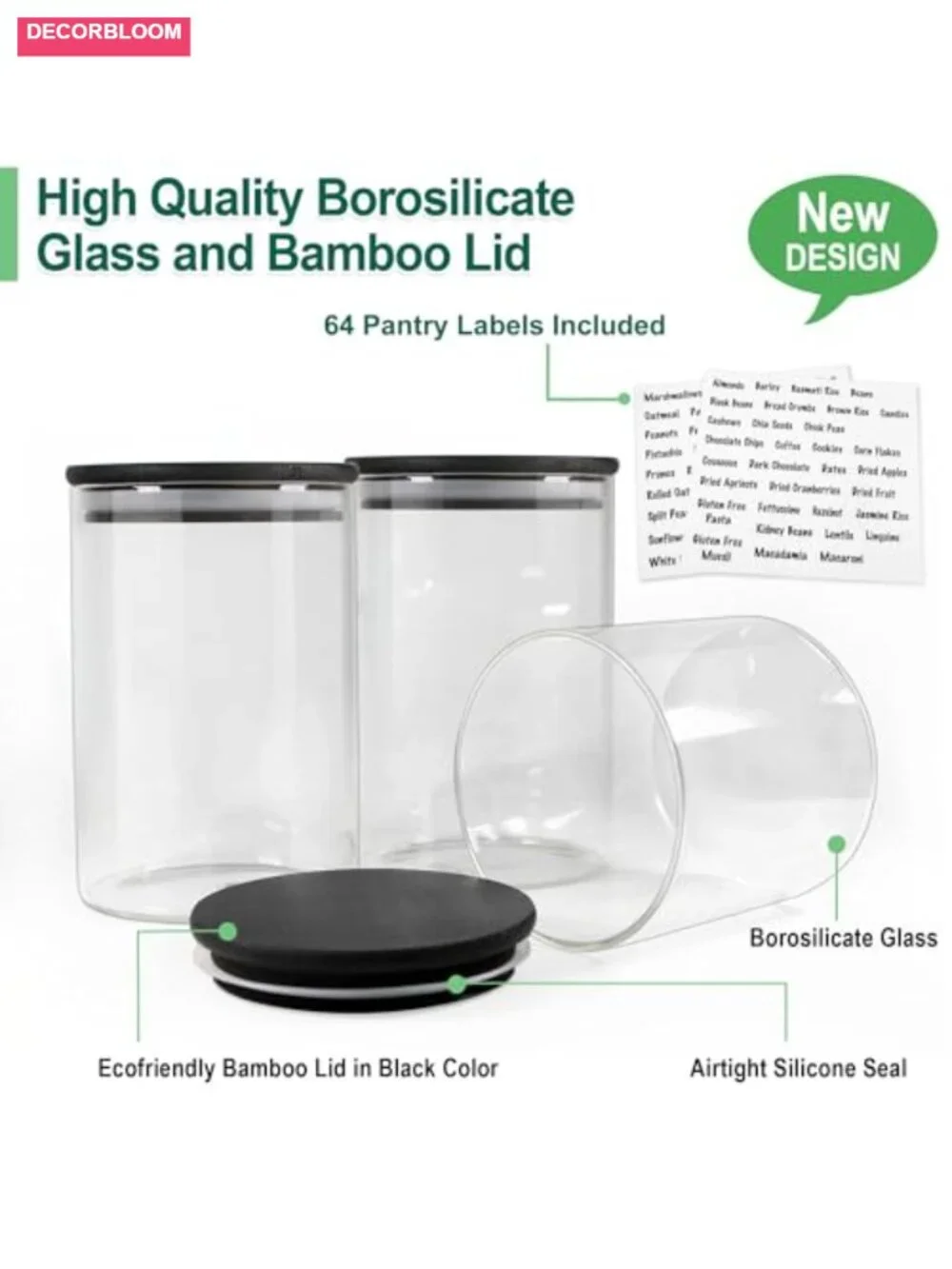 Glass Jars with Black Lids, 3 Pack 48oz Airtight Food Storage Canisters